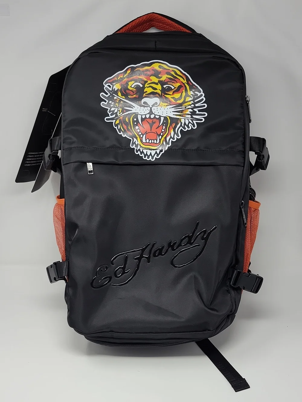 Ed Hardy Black Backpack with Multicolor Tiger Patch and Orange Accents